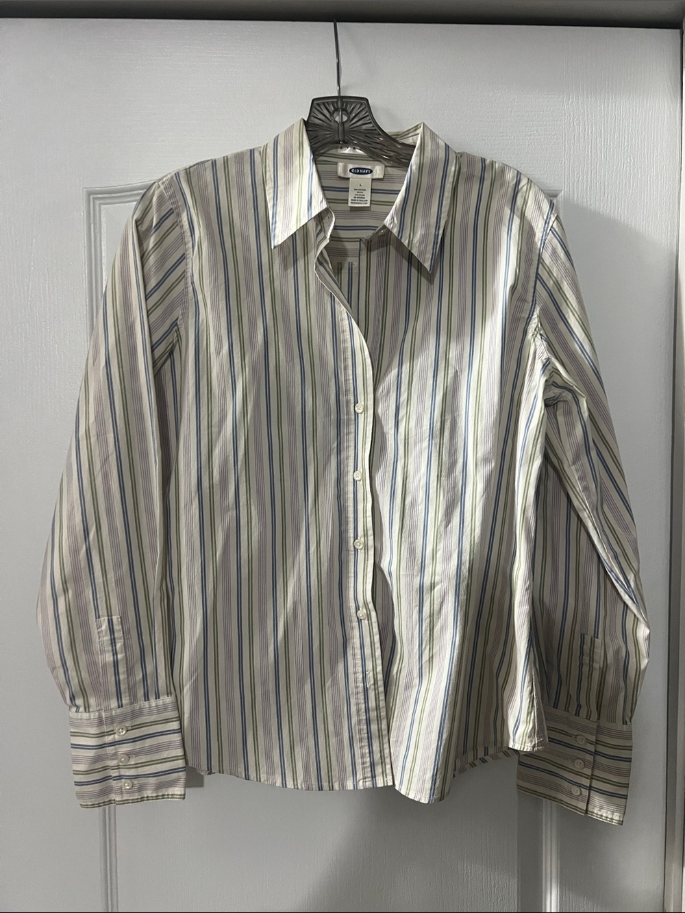 Womens Cream Striped Dress Shirt with Blue and Green Accents